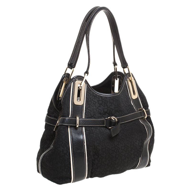 DKNY Black Monogram Fabric And Leather Tote