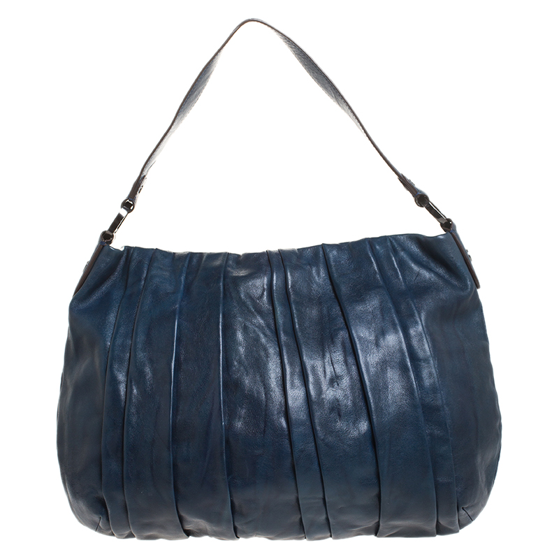 Dkny Navy Blue Pleated Leather Floral Chain Detail Hobo