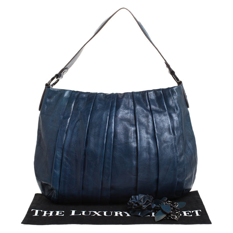 Dkny Navy Blue Pleated Leather Floral Chain Detail Hobo