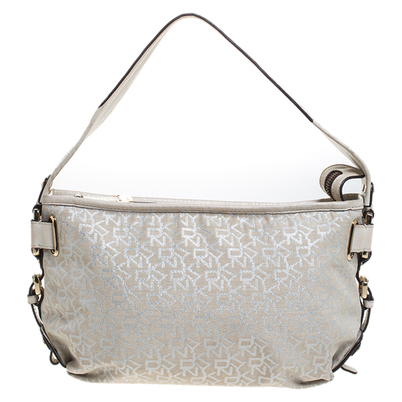 Dkny ivory signature fabric and leather shoulder bag