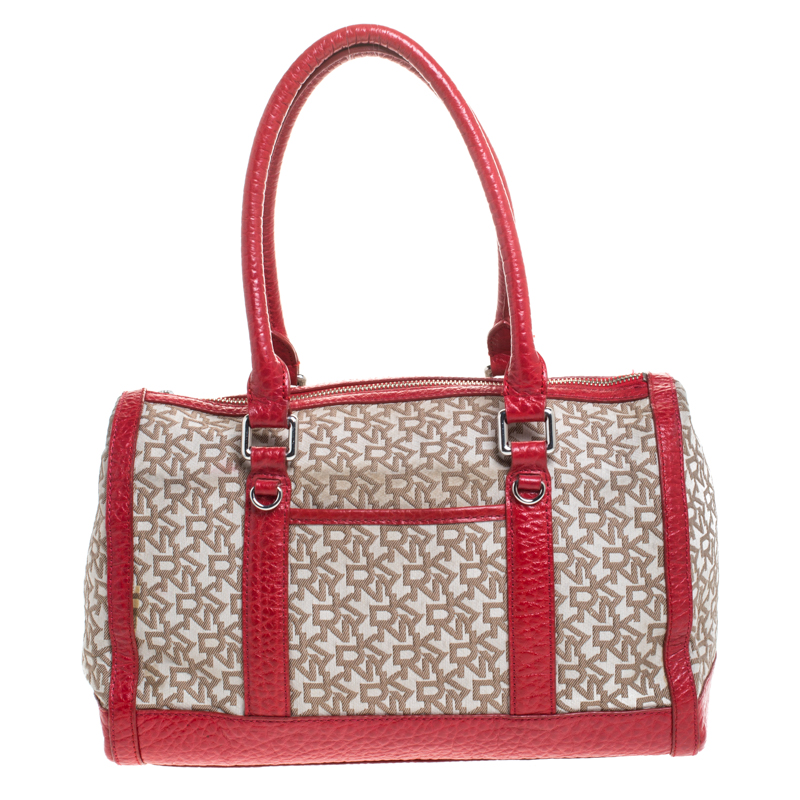 Image of DKNY Beige/Red Canvas and Leather Satchel