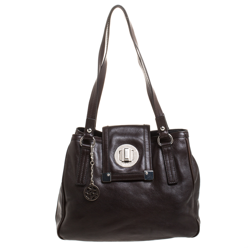 Image of DKNY Dark Brown Leather Push Lock Shoulder Bag