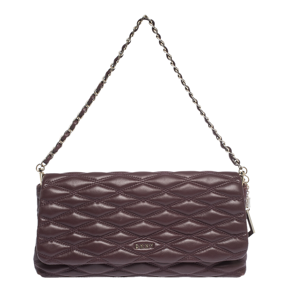 Image of Dkny Burgundy Quilted Leather Flap Chain Clutch Bag