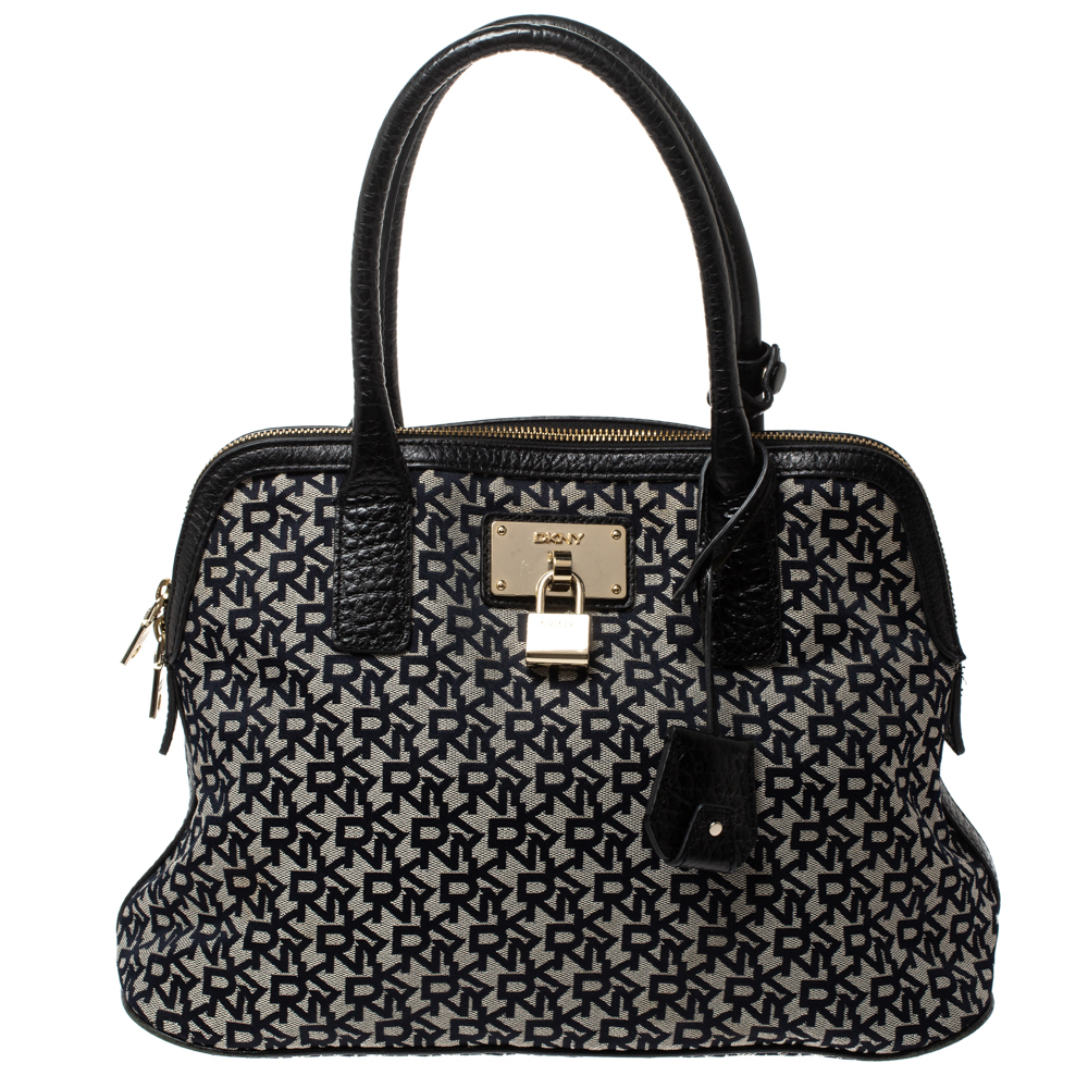 Image of Dkny Grey/Black Monogram Canvas and Leather Dome Satchel