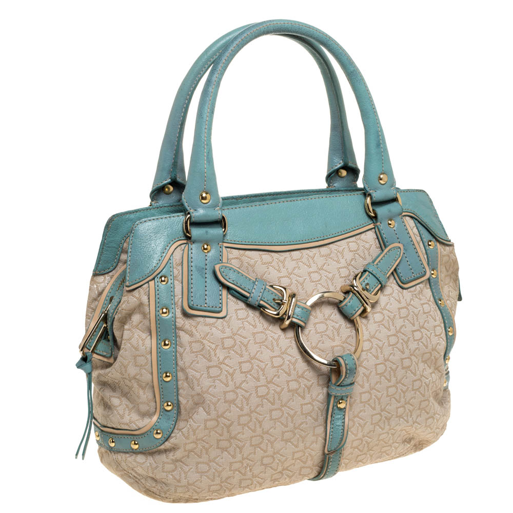 DKNY Beige/Blue Monogram Canvas And Leather Satchel