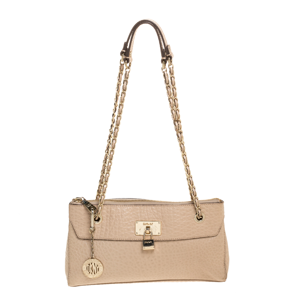 Image of DKNY Nude Beige Leather Lock Chain Shoulder Bag