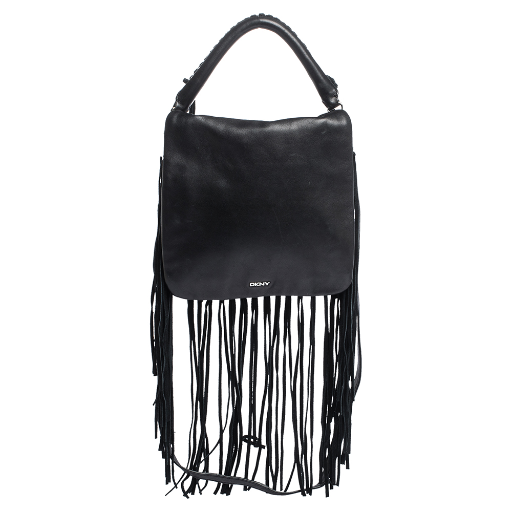 Image of DKNY Black Leather Fringe Flap Top Handle Bag