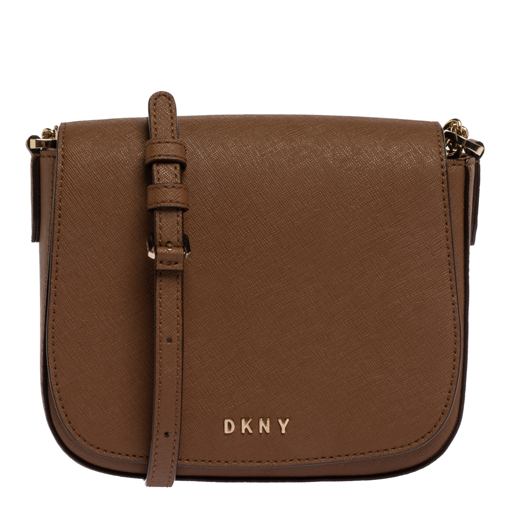 Image of Dkny Tan Leather Flap Chain Shoulder Bag