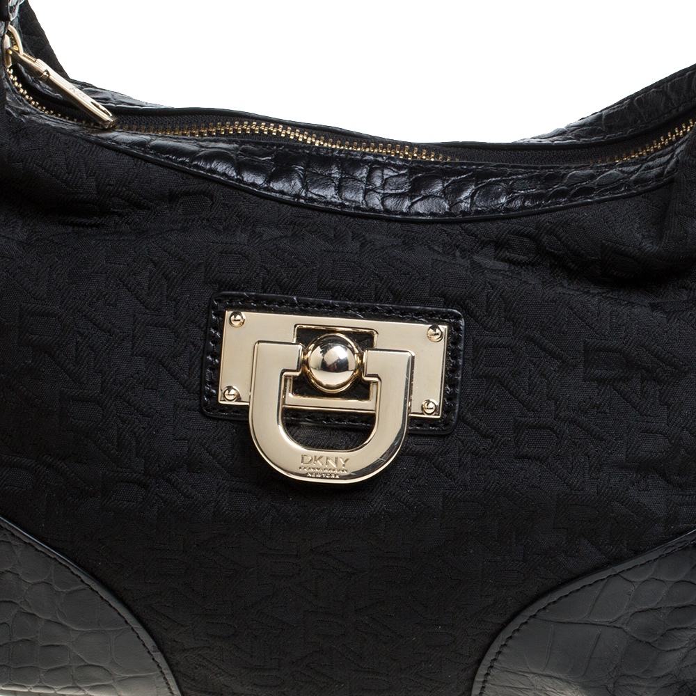 Dkny Black Signature Canvas And Croc Embossed Leather Buckle Hobo
