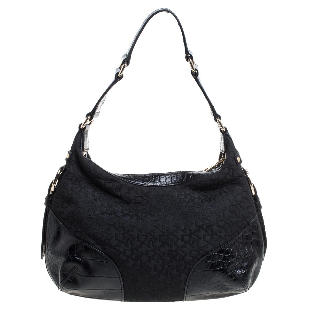 Dkny Black Signature Canvas And Croc Embossed Leather Buckle Hobo