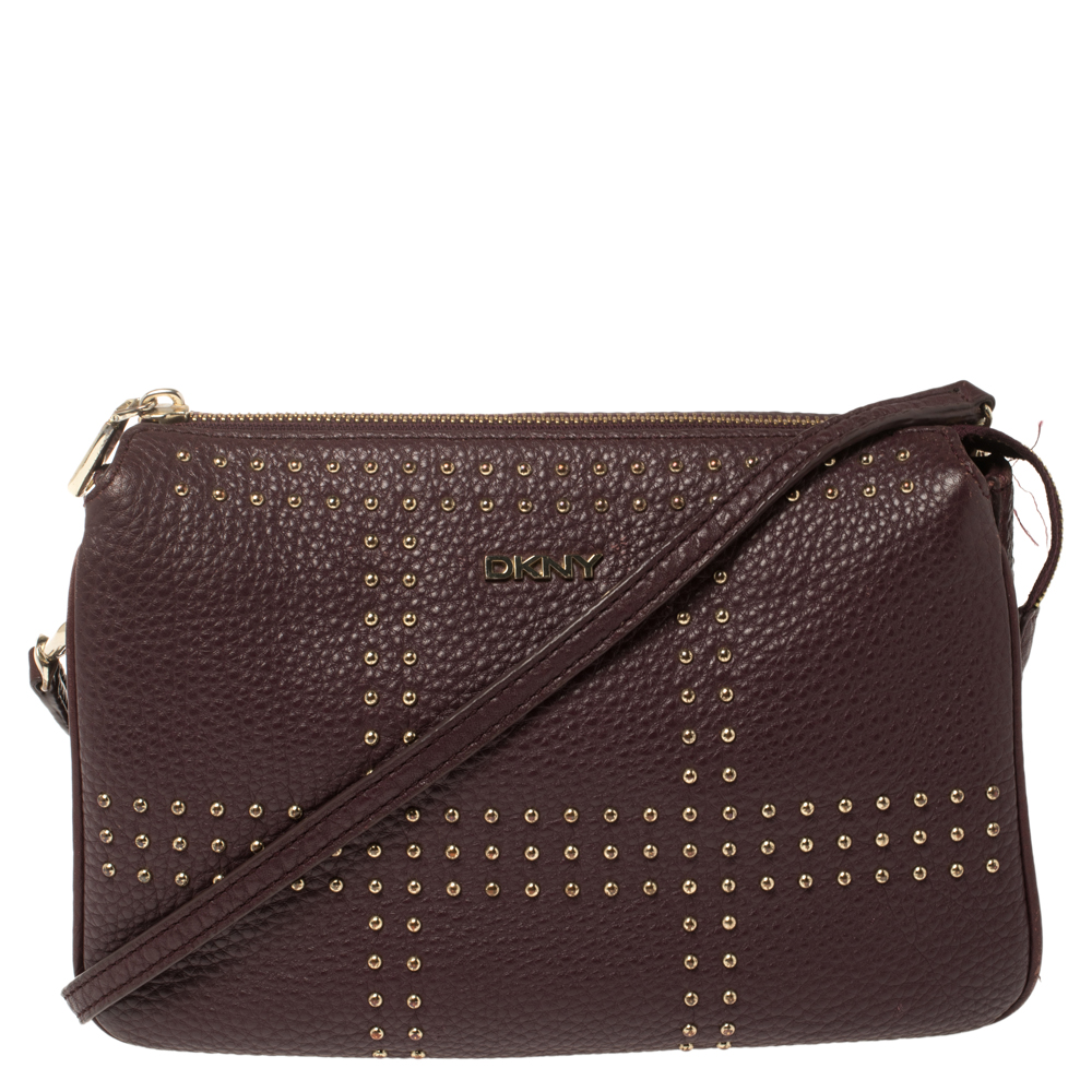 Image of Dkny Dark Burgundy Soft Grain Leather Studded Shoulder Bag