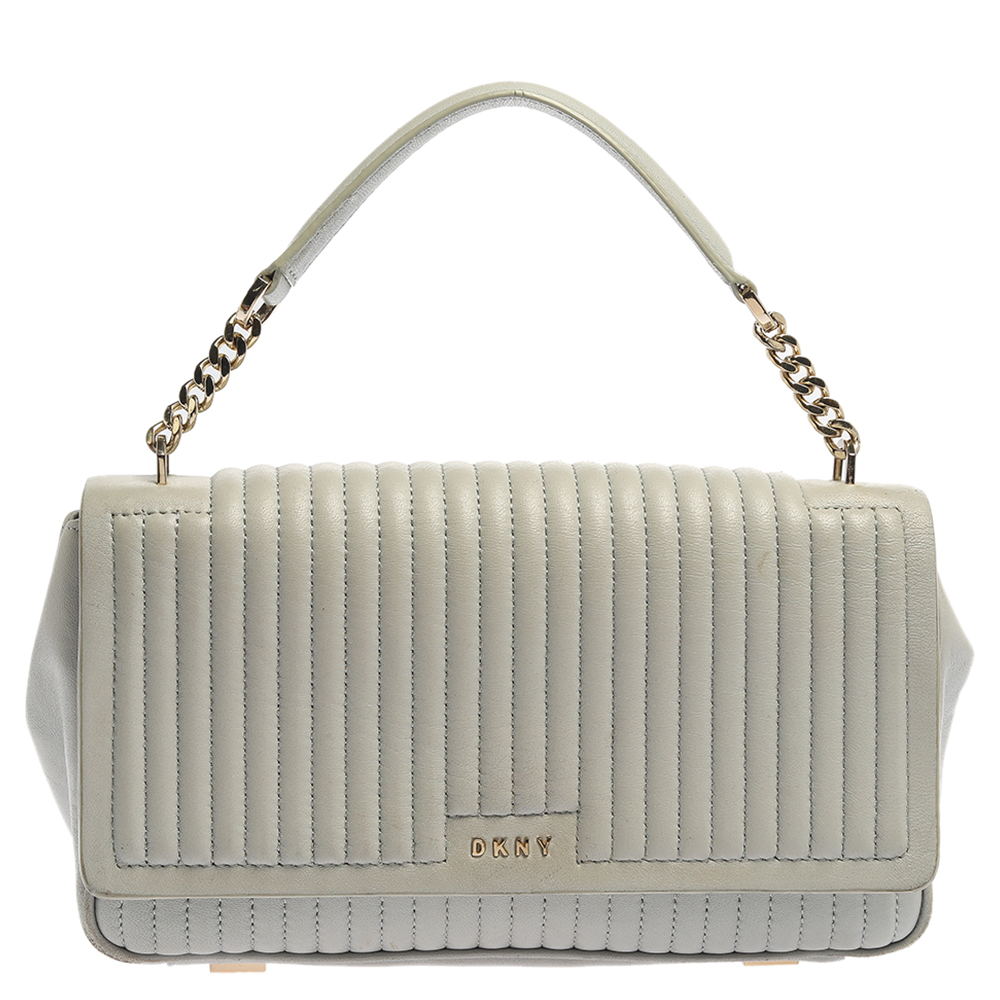 Image of DKNY Grey Pinstripe Quilted Leather Gansevoort Flap Shoulder Bag