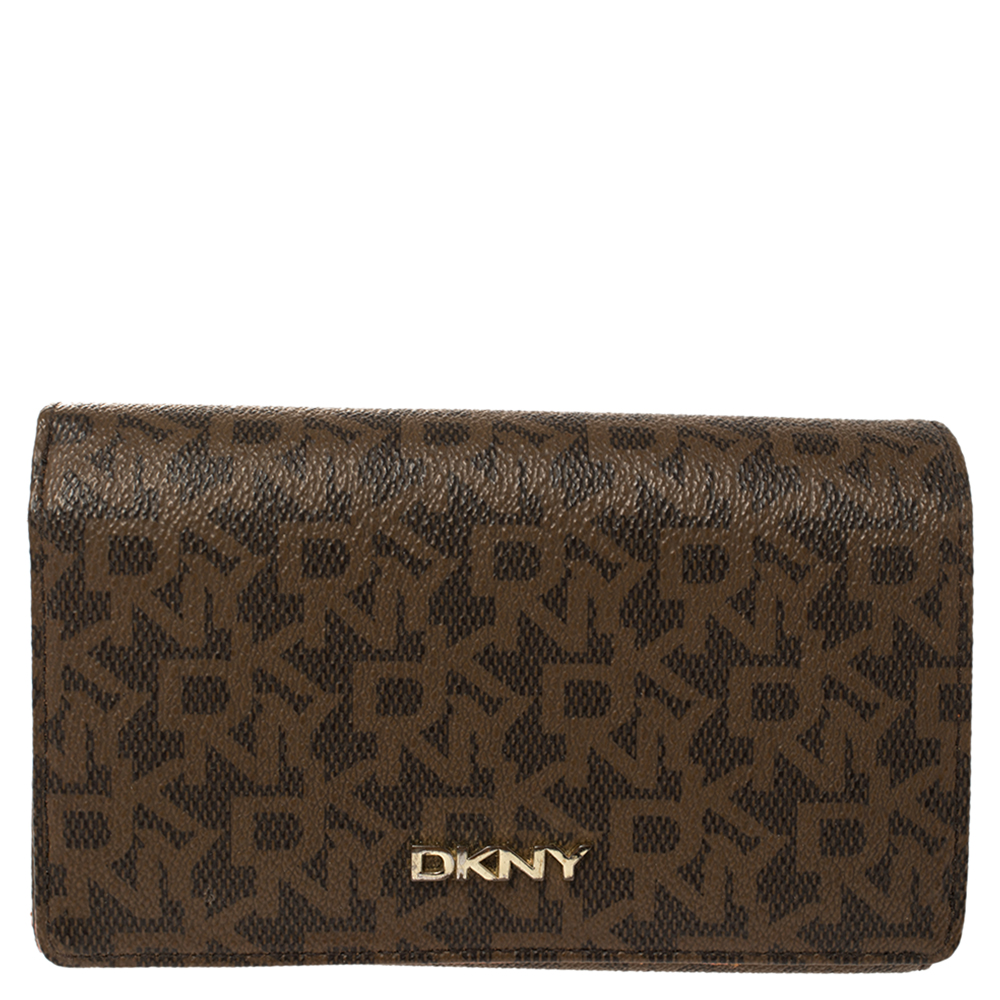 Image of Dkny Brown Monogram Coated Canvas Flap Wallet