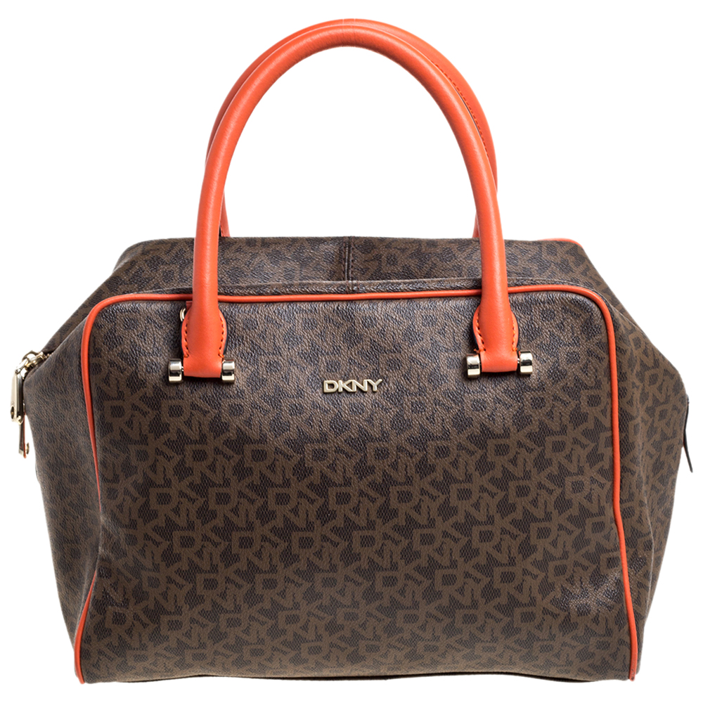 Image of Dkny Brown/Orange Monogram Coated Canvas and Leather Satchel