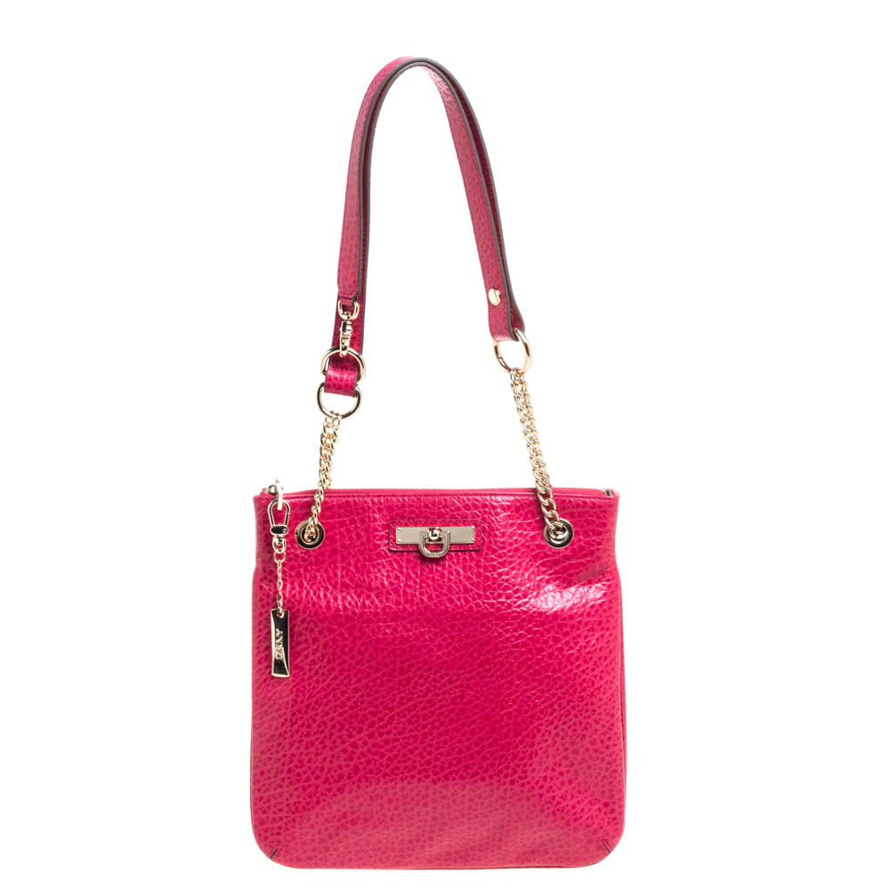 Image of DKNY Magenta Pebbled Leather Zip Chain Shoulder Bag