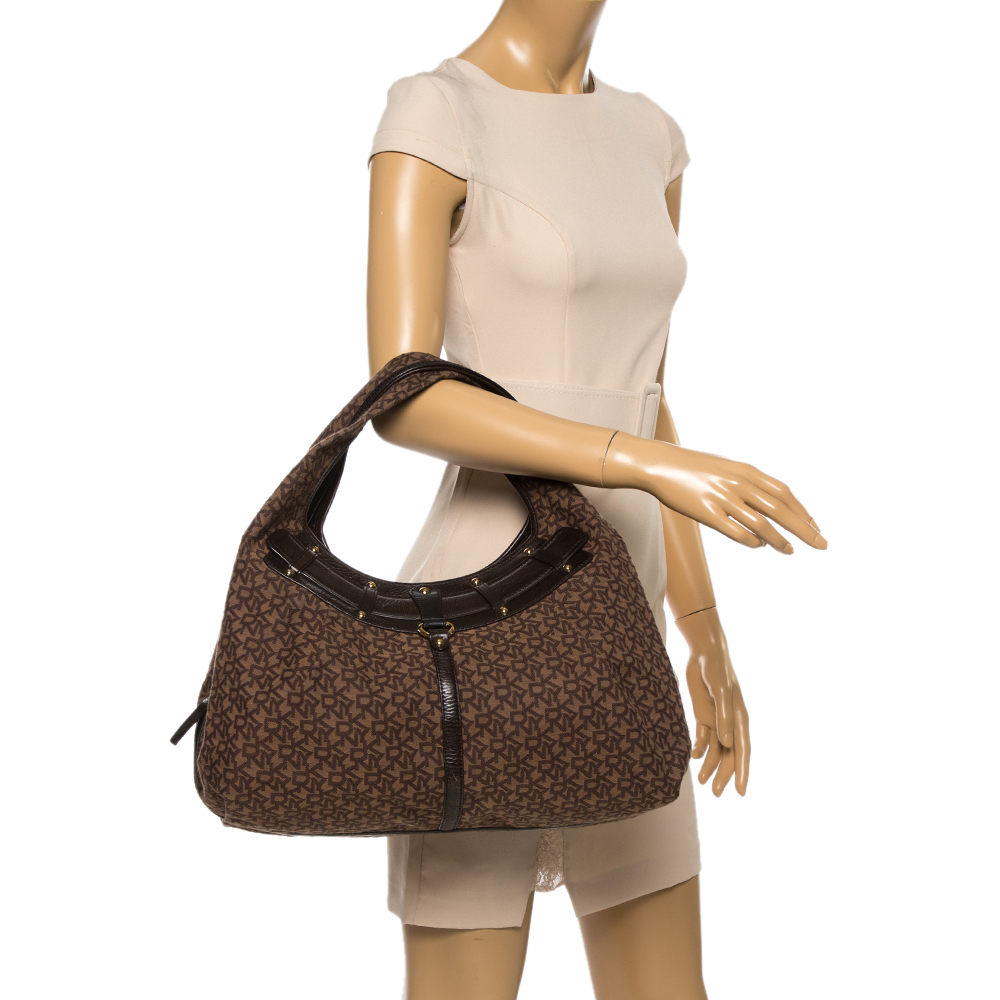 

Dkny Brown Monogram Canvas and Leather Studded Hobo