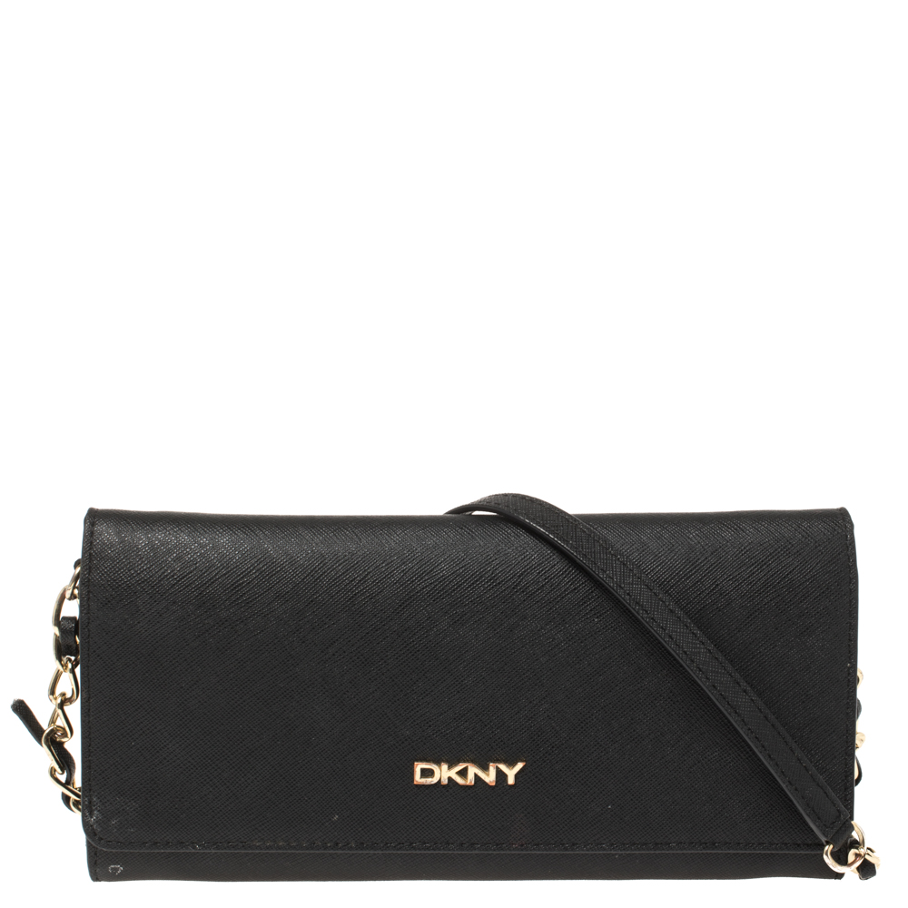 Image of Dkny Black Leather Flap Wallet On Chain