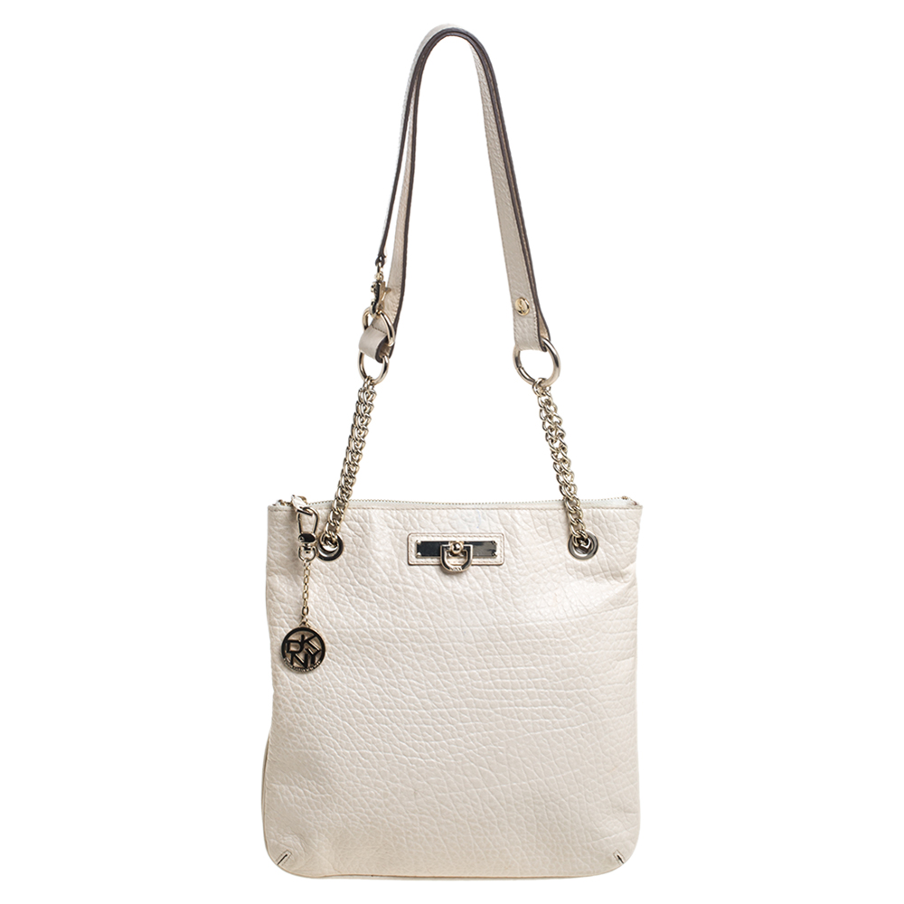 Image of DKNY Ivory Textured Leather Top Zip Chain Tote