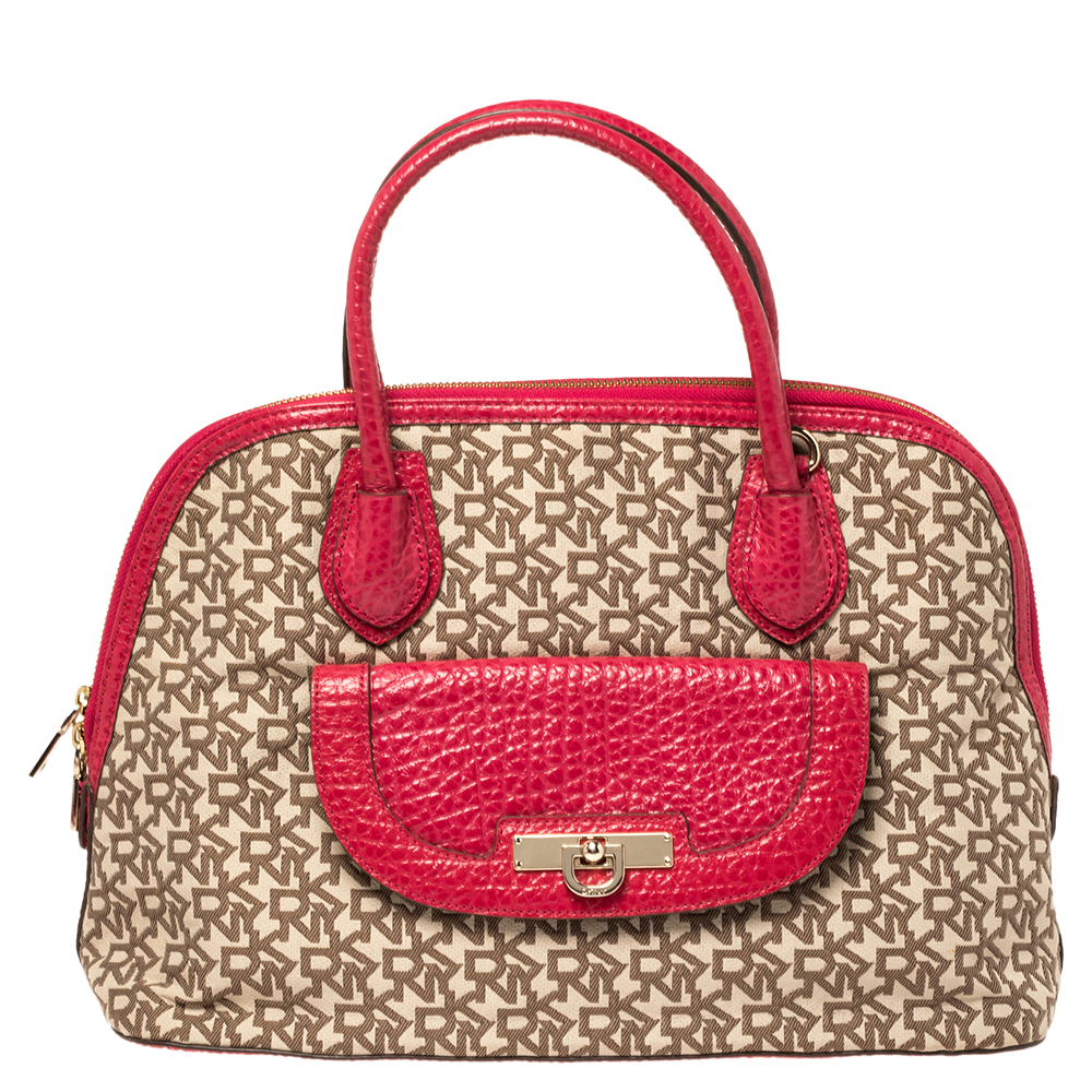 Image of Dkny Beige/Pink Monogram Canvas and Leather Dome Satchel