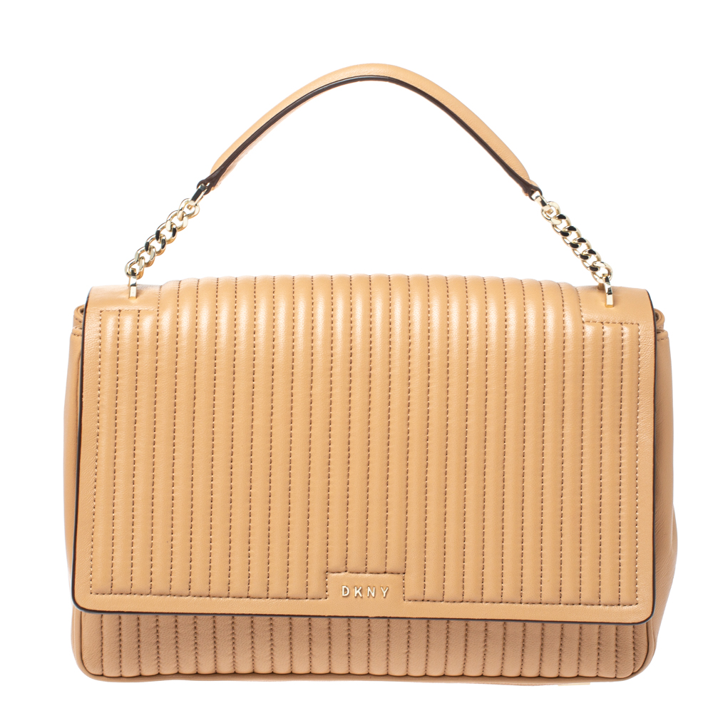 Image of DKNY Beige Pinstripe Quilted Leather Large Gansevoort Top Handle Bag