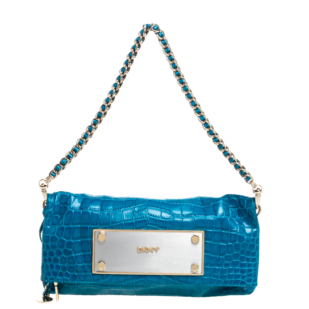 Image of Dkny Blue Croc Embossed Leather Foldover Shoulder Bag