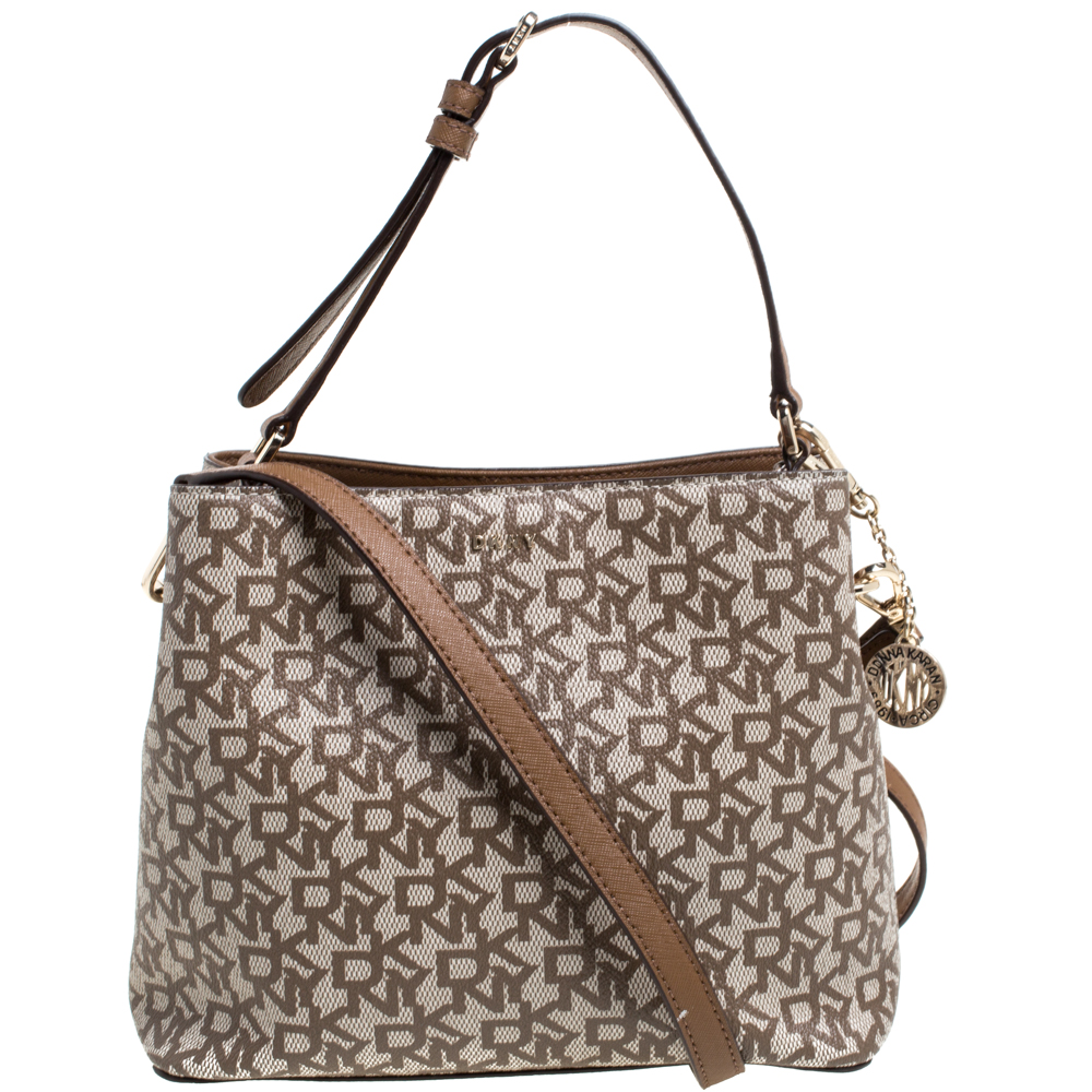 Image of Dkny Beige/Brown Signature Coated Canvas and Leather Bryant Bucket Bag