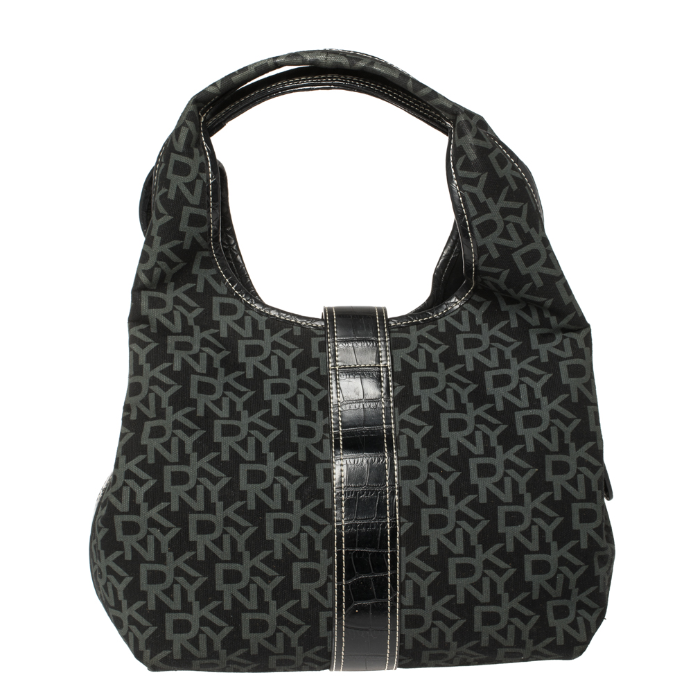Dkny Black/Grey Signature Canvas And Leather Hobo