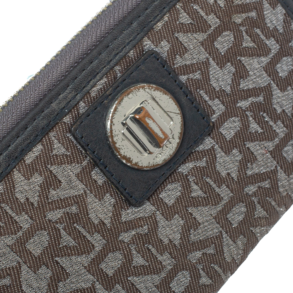Dkny Brown/Black Monogram Canvas And Leather Zip Around Wallet