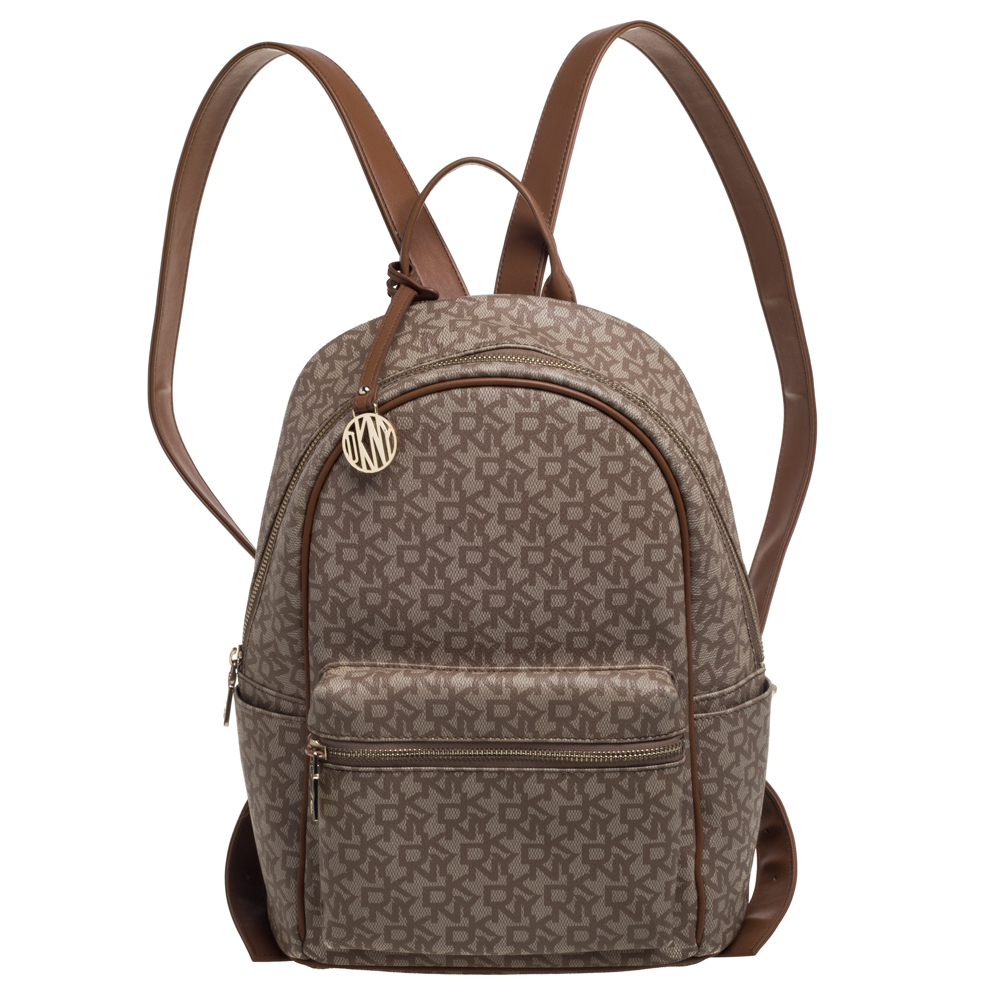 DKNY Beige/Brown Signature Coated Canvas and Leather Casey Backpack