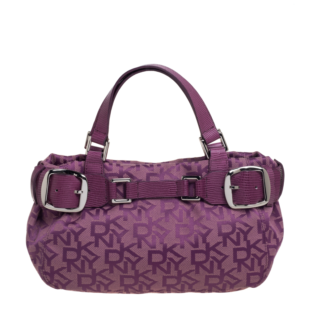 Dkny Purple Signature Canvas and Lizard Embossed Leather Satchel