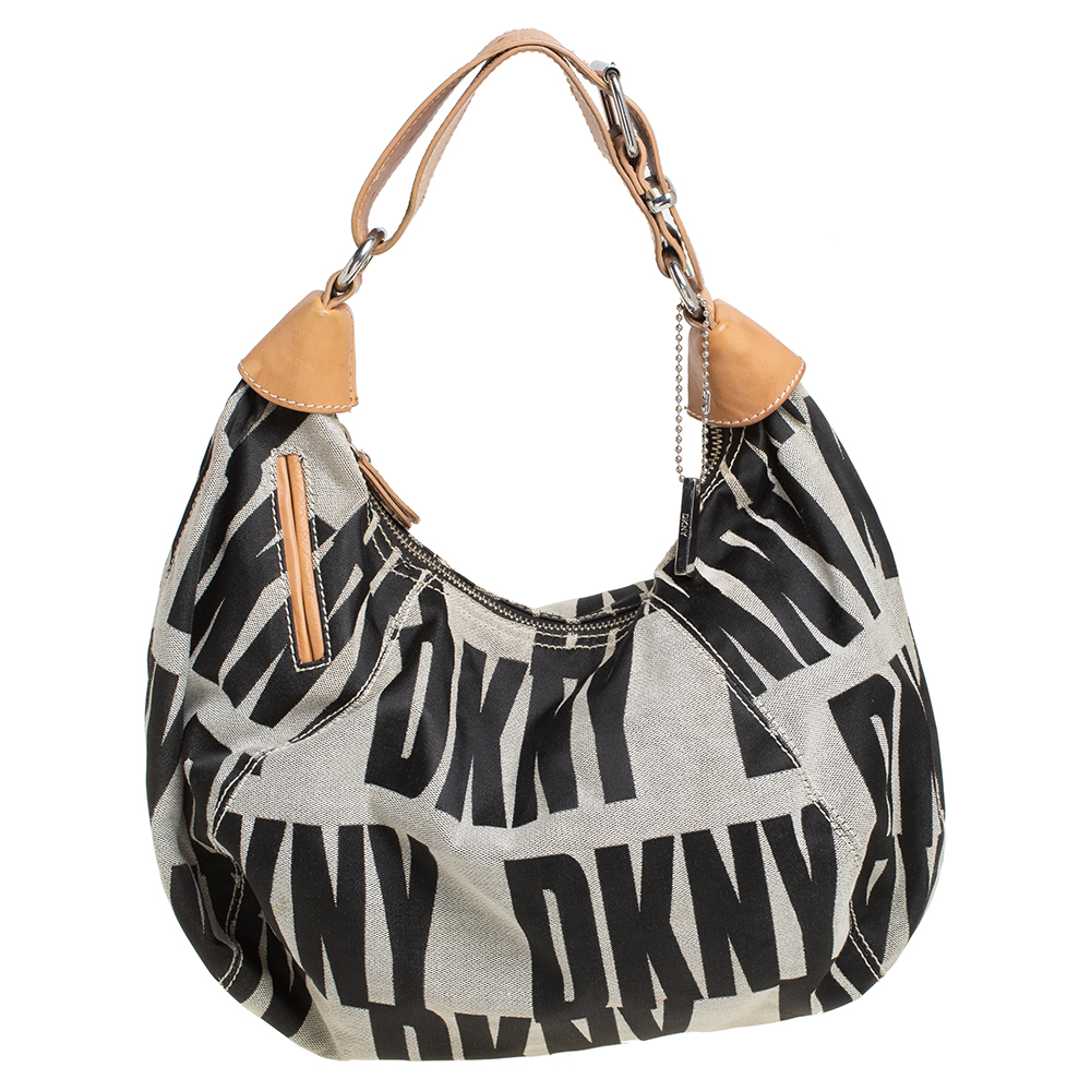 Dkny Grey/Beige Signature Canvas and Leather Hobo
