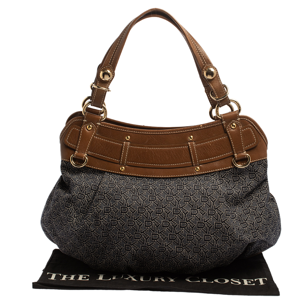 Dkny Navy Blue/Brown Monogram Canvas And Leather Hobo