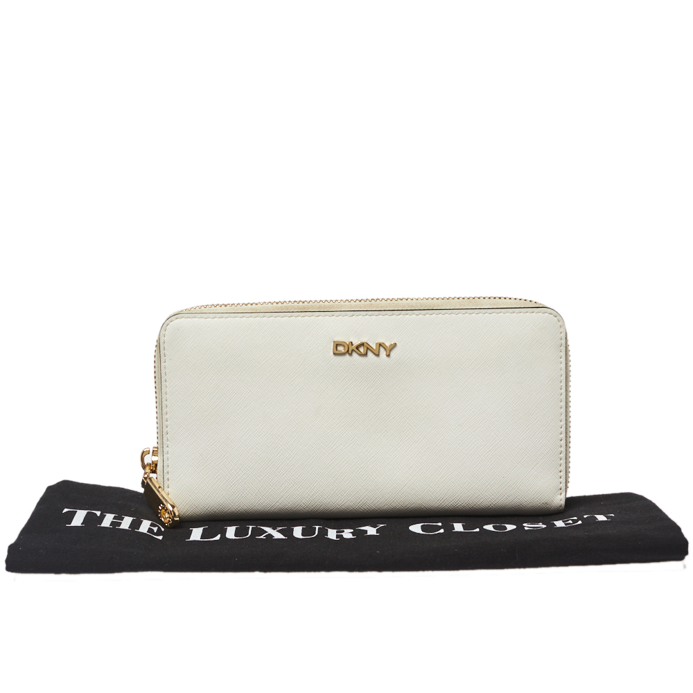 Dkny White Saffiano Leather Zip Around Continental Wallet