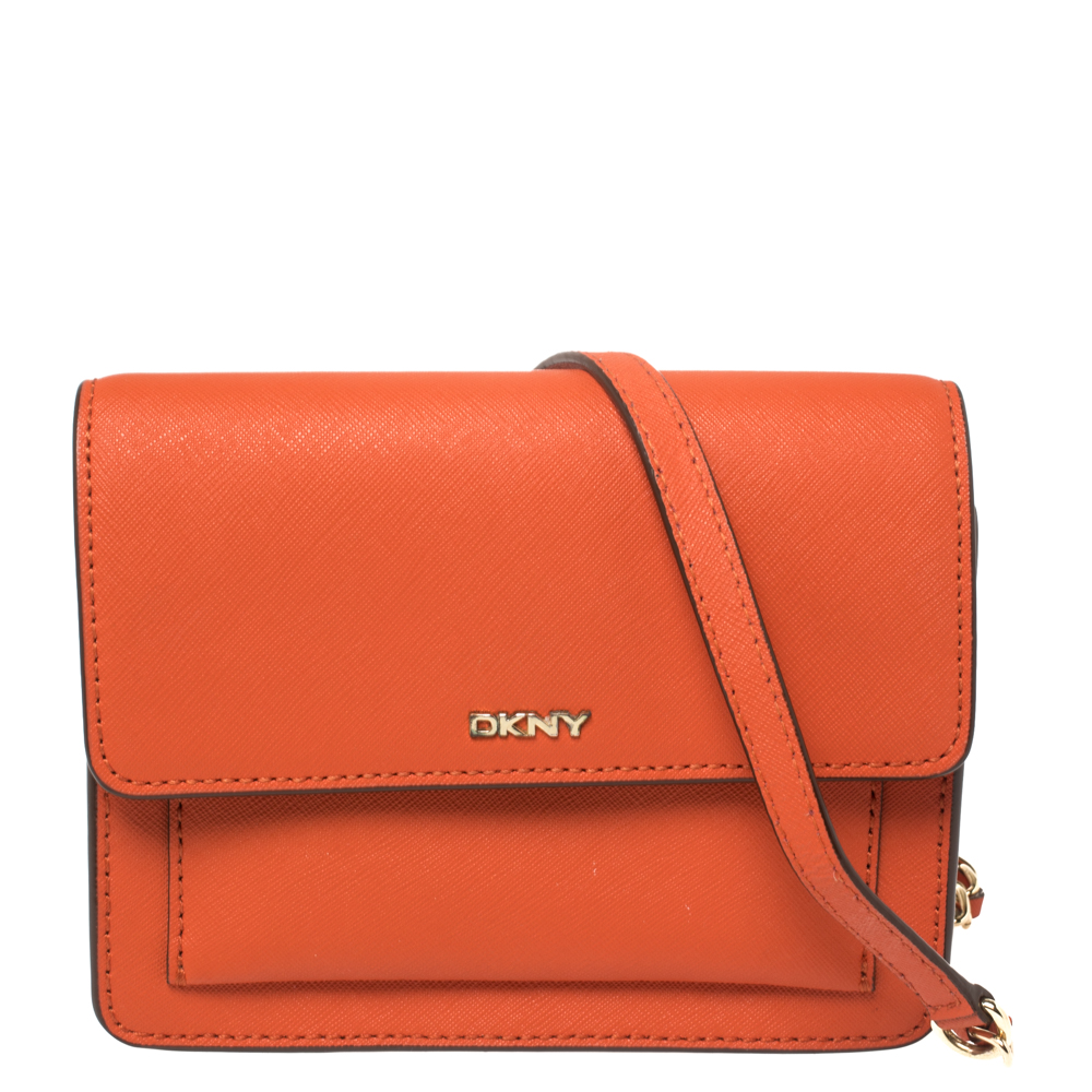 Dkny Orange Leather Flap Chain Crossbody Bag