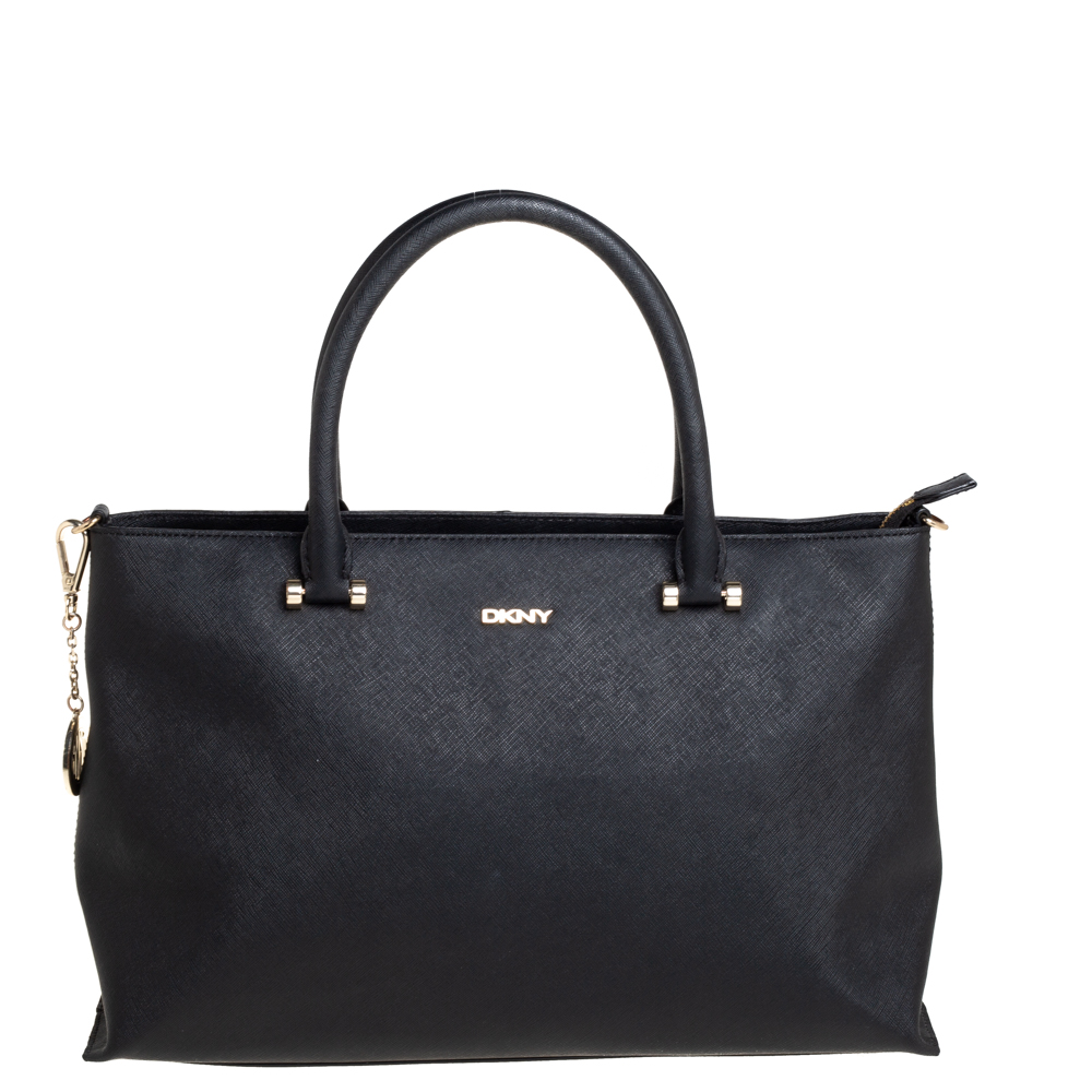 DKNY Black Saffiano Leather Bryant Park Zip Tote