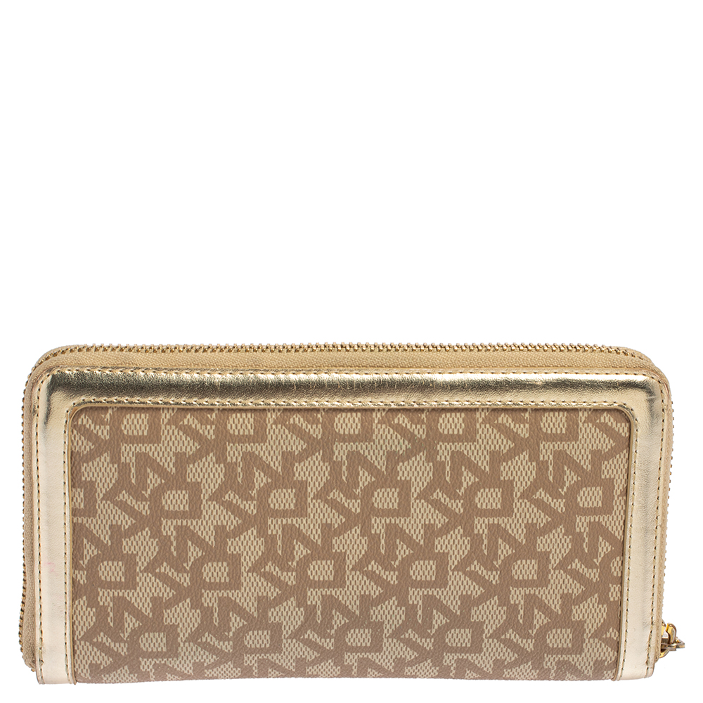 DKNY Beige Signature Coated Canvas And Leather Zip Around Wallet