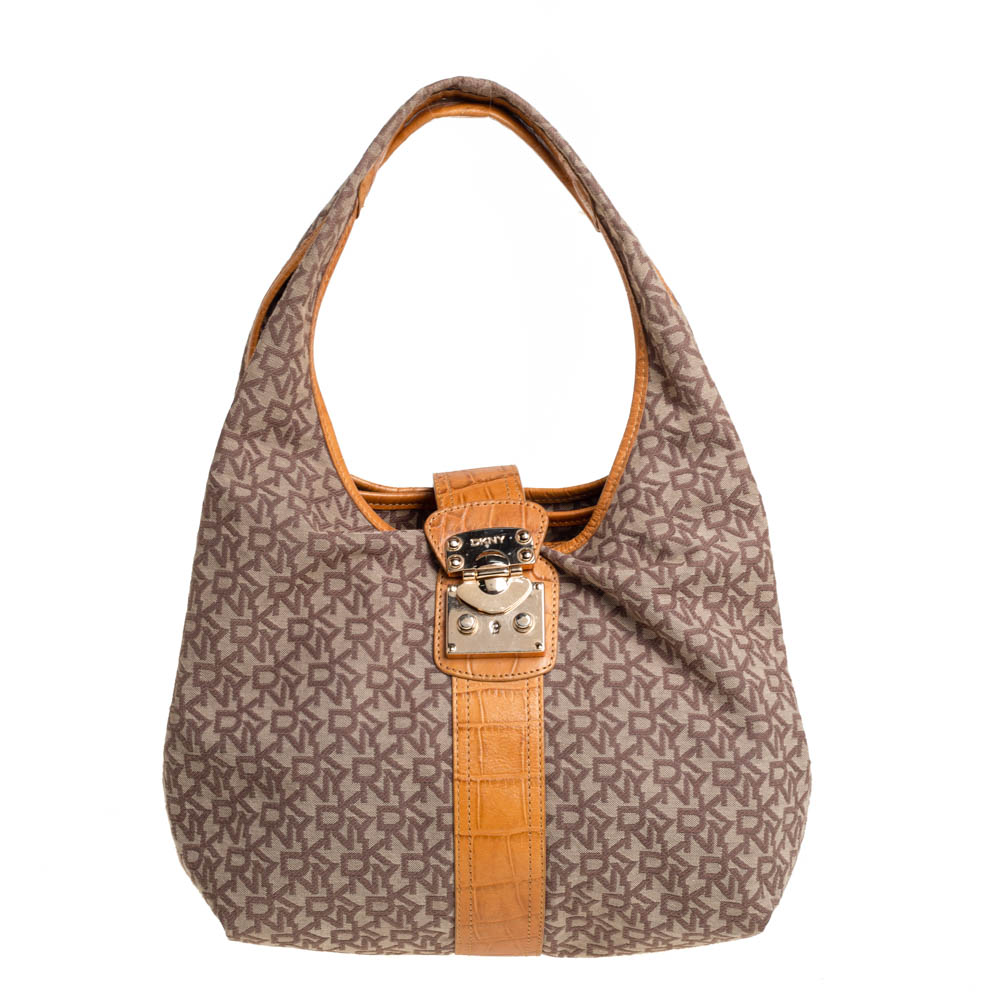 Dkny Beige/Brown Signature Canvas and Croc Embossed Leather Push Lock Hobo
