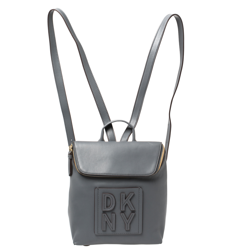 DKNY Grey Leather Tilly Stacked Logo Backpack