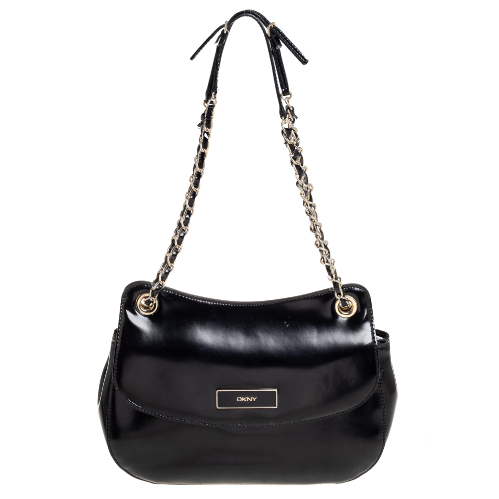 DKNY Black Faux Leather Flap Chain Shoulder Bag