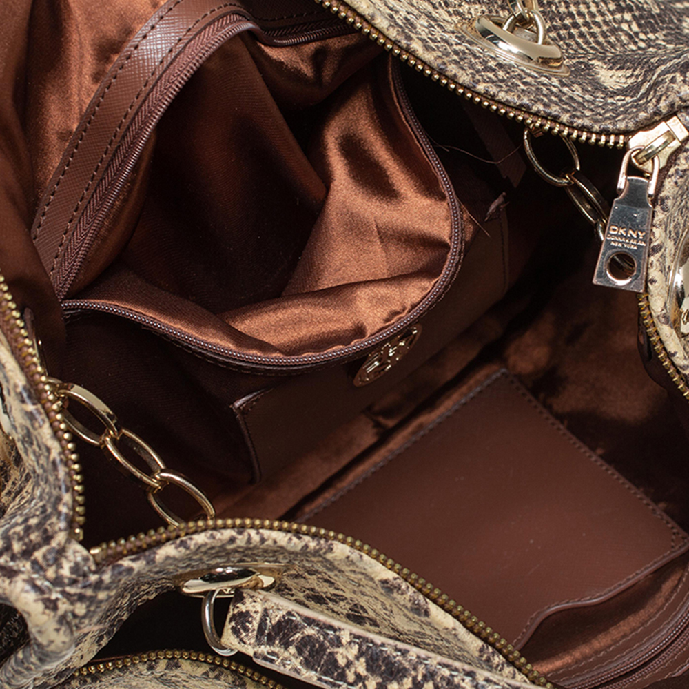 DKNY Beige/Black Snakeskin Embossed Leather  Chain Shoulder Bag