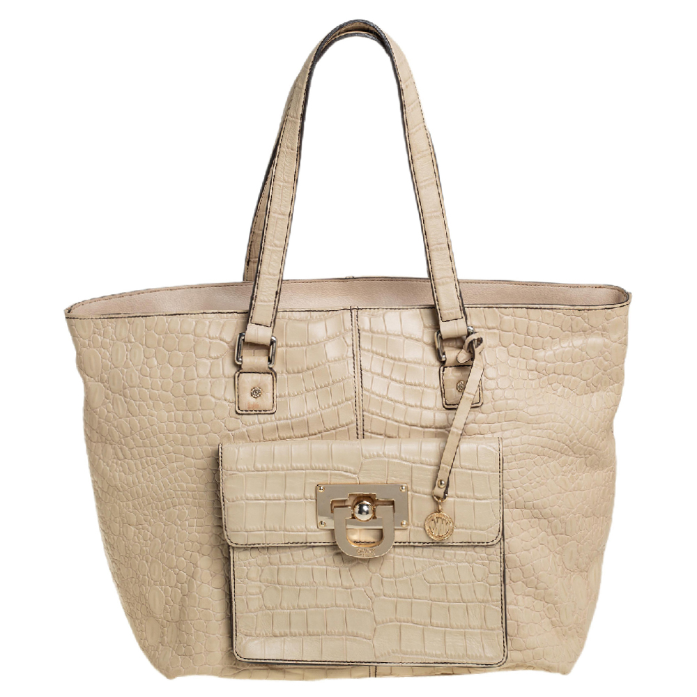DKNY Cream Croc Embossed Leather Front Pocket Tote