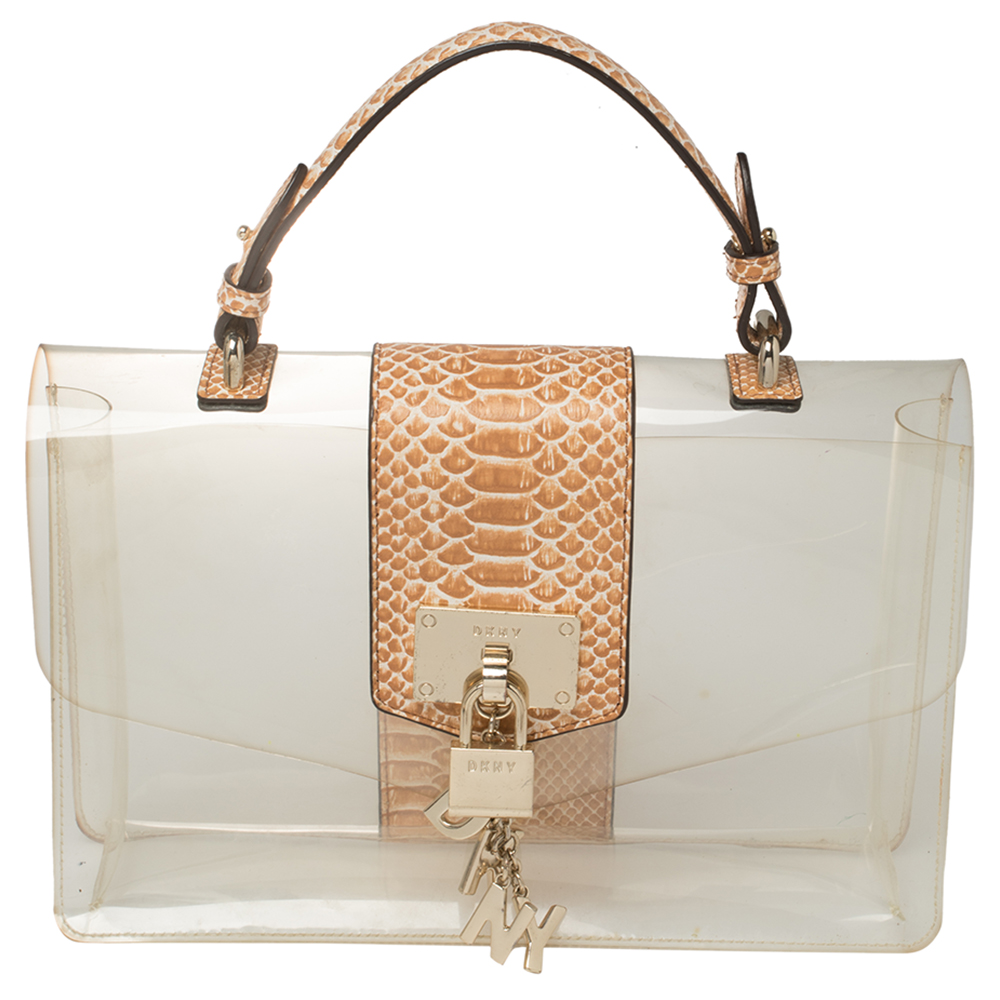 DKNY Beige PVC and Python Embossed Leather Elissa Clear Top Handle Bag
