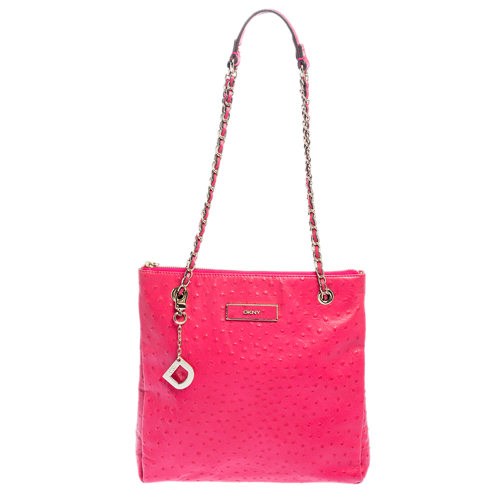 DKNY Hot Pink Ostrich Embossed Leather Chain Shoulder Bag