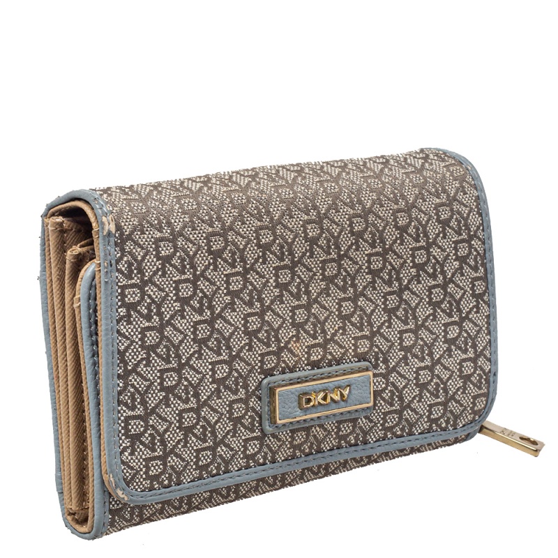 Dkny Grey Monogram Canvas And Leather Flap Wallet