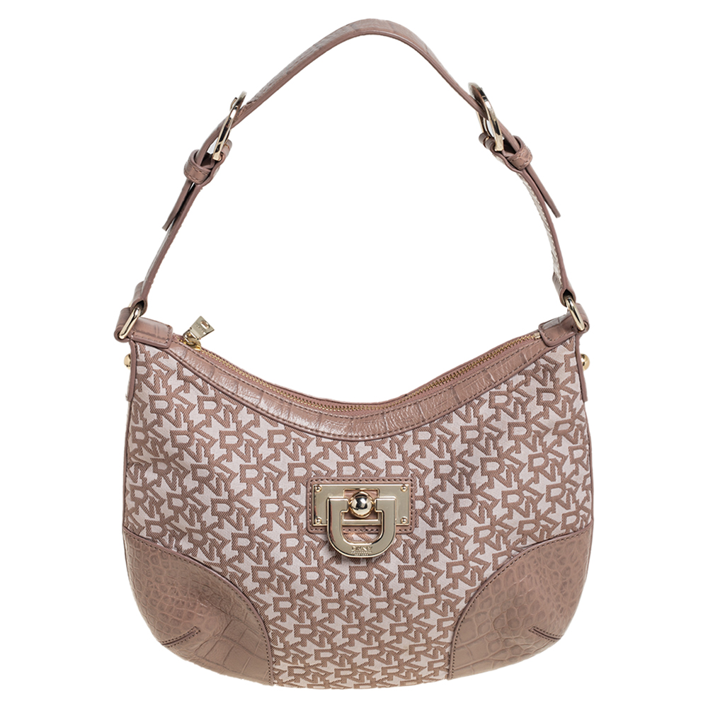 Dkny Beige Signature Canvas and Croc Embossed Leather Hobo