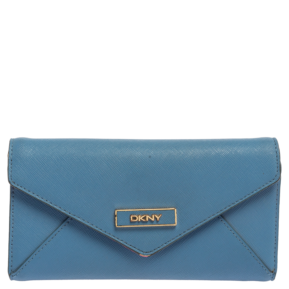 DKNY Blue/Pink Leather Long Trifold Wallet