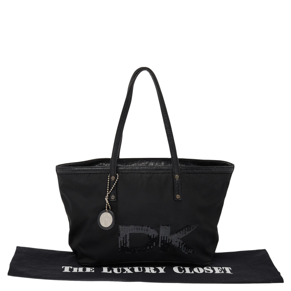 DKNY Black Nylon And Leather Sequin Logo Tote