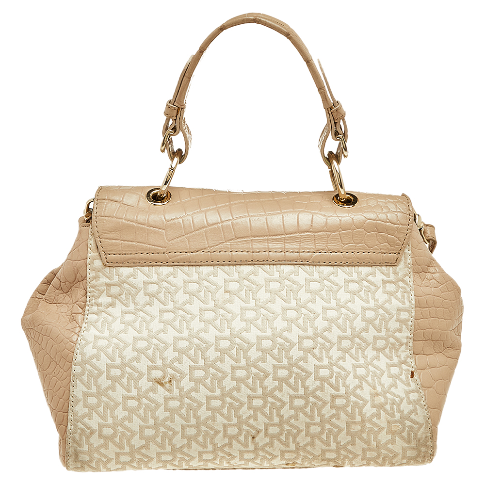 Dkny Beige/White Signature Coated Canvas And Leather Satchel