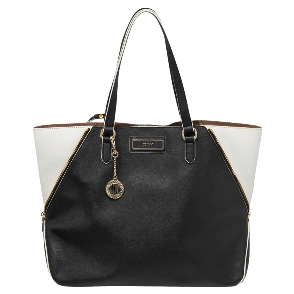 DKNY Black/White Saffinao Leather Large Bryant Park Tote