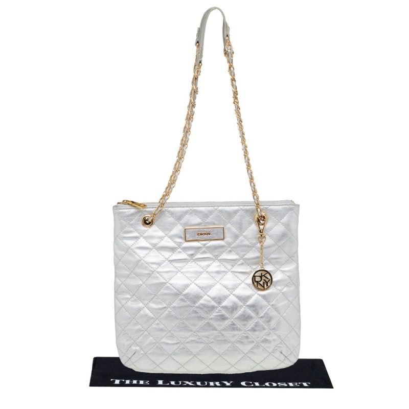 DKNY Silver Quilted Leather Shoulder Bag